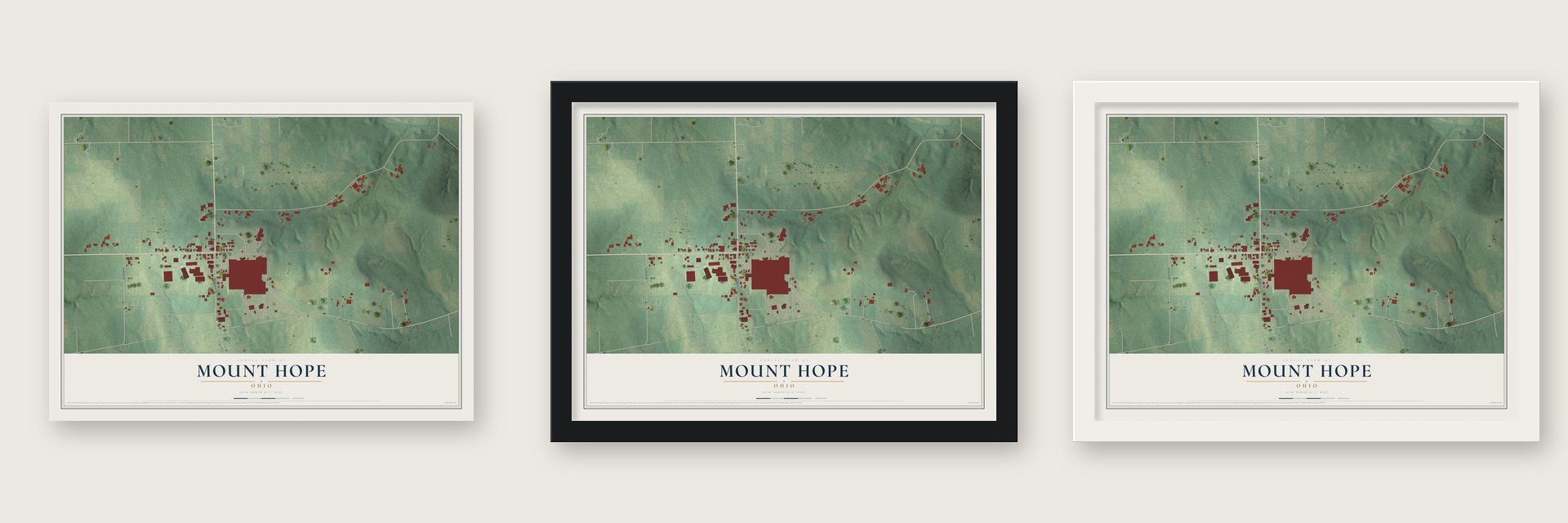 Mount Hope, Ohio map unframed, in a black wood frame and in a white wood frame