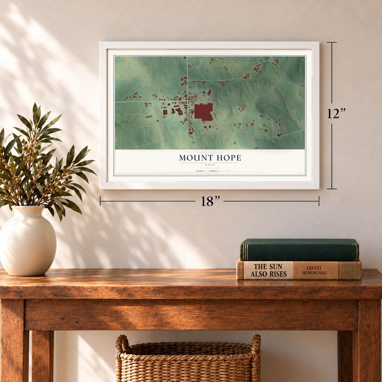Mount Hope, Ohio map, 12 x 18 inch print in a white frame in an entryway