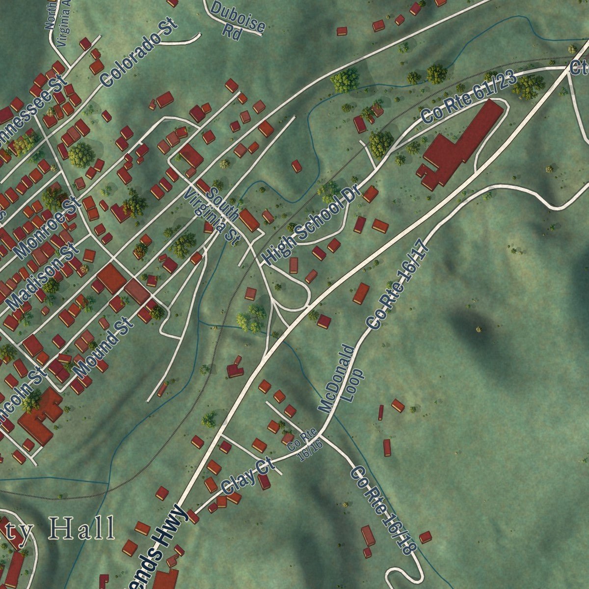 Second close-up of the map of Mount Hope, West Virginia print showing more streets and buildings