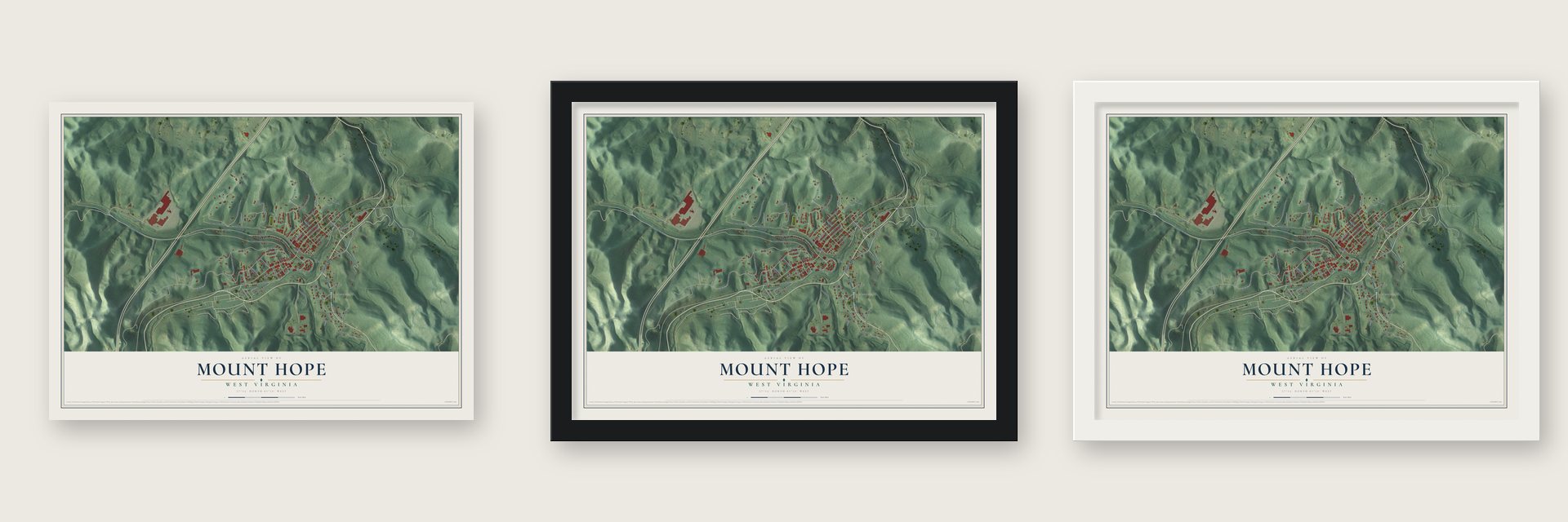Mount Hope, West Virginia map unframed, in a black wood frame and in a white wood frame