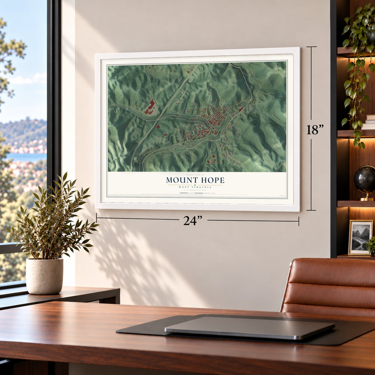 Mount Hope, West Virginia map, 18 x 24 inch print in a white frame in a home office