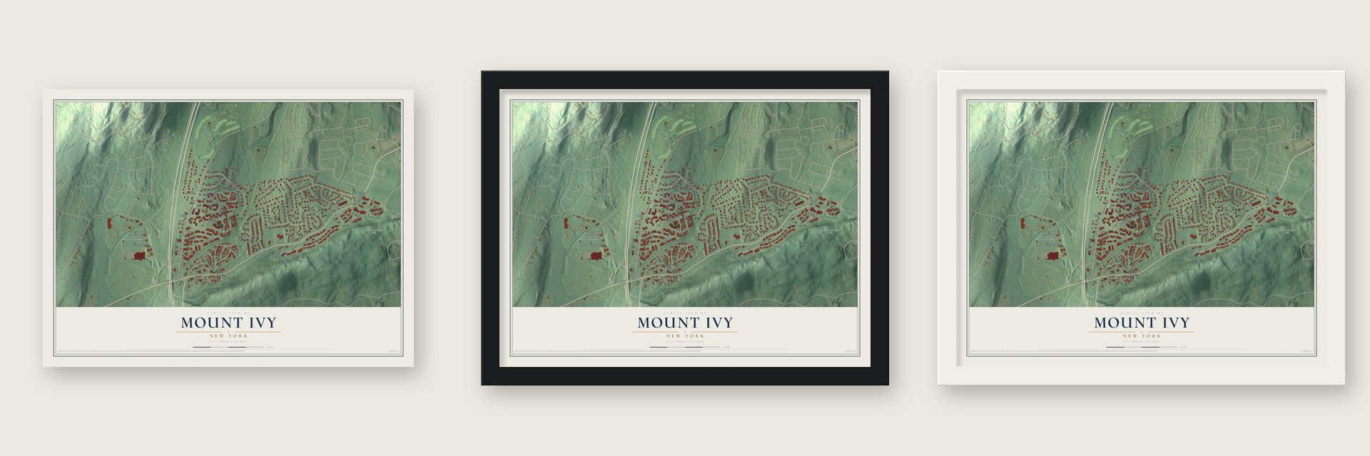 Mount Ivy, New York map unframed, in a black wood frame and in a white wood frame