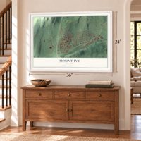 Mount Ivy, New York map, 24 x 36 inch print in a white frame above a dresser by a staircase