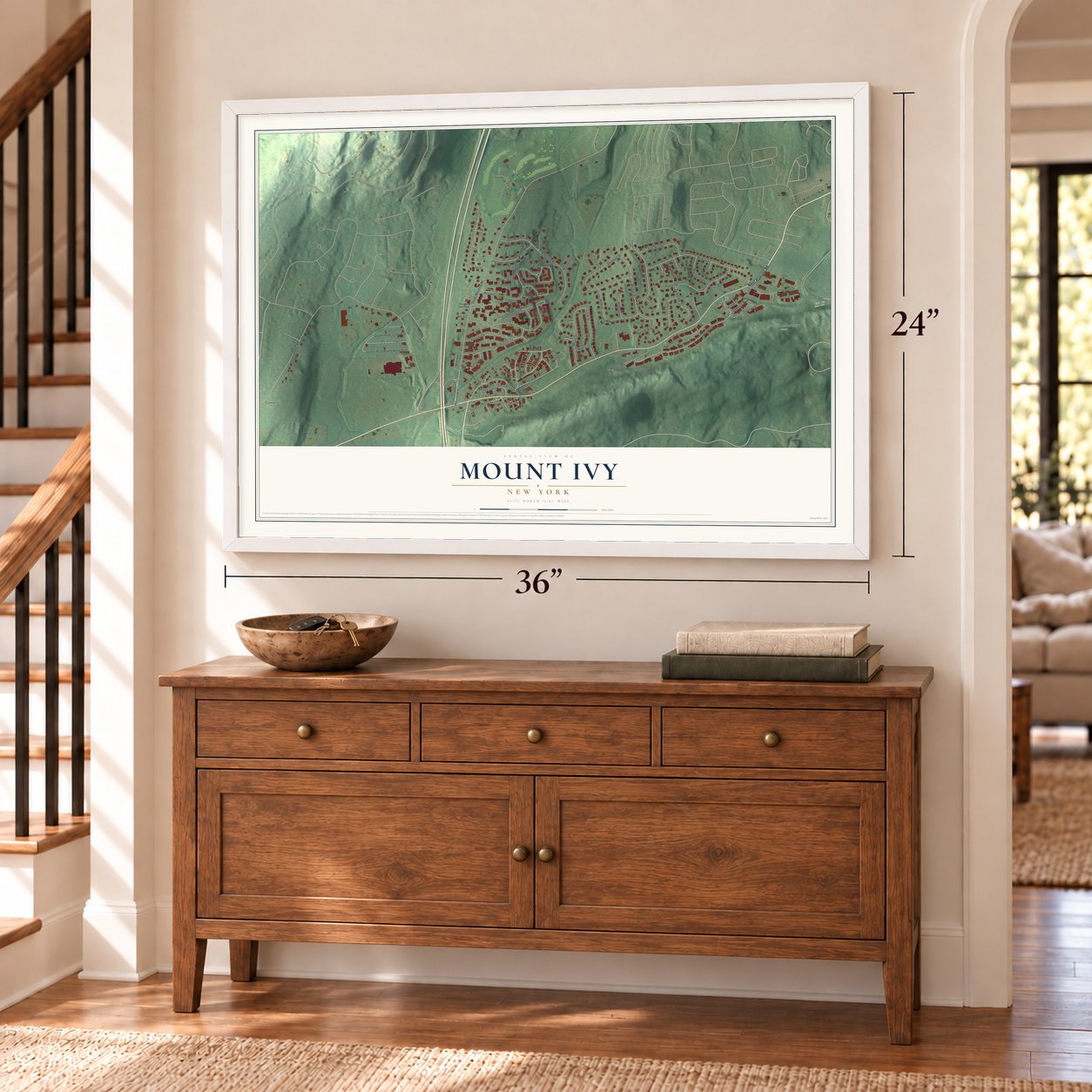 Mount Ivy, New York map, 24 x 36 inch print in a white frame above a dresser by a staircase