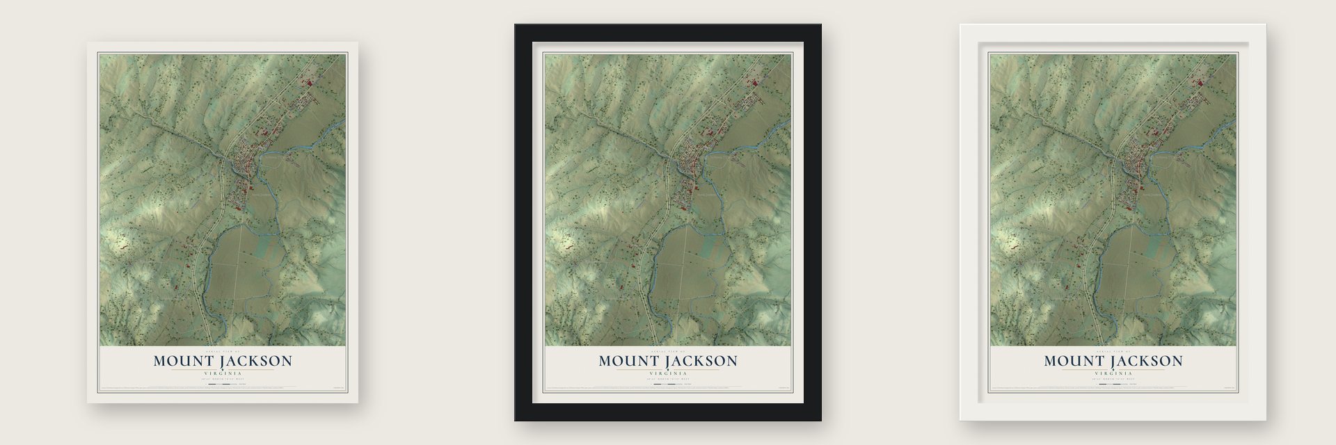 Mount Jackson, Virginia map unframed, in a black wood frame and in a white wood frame