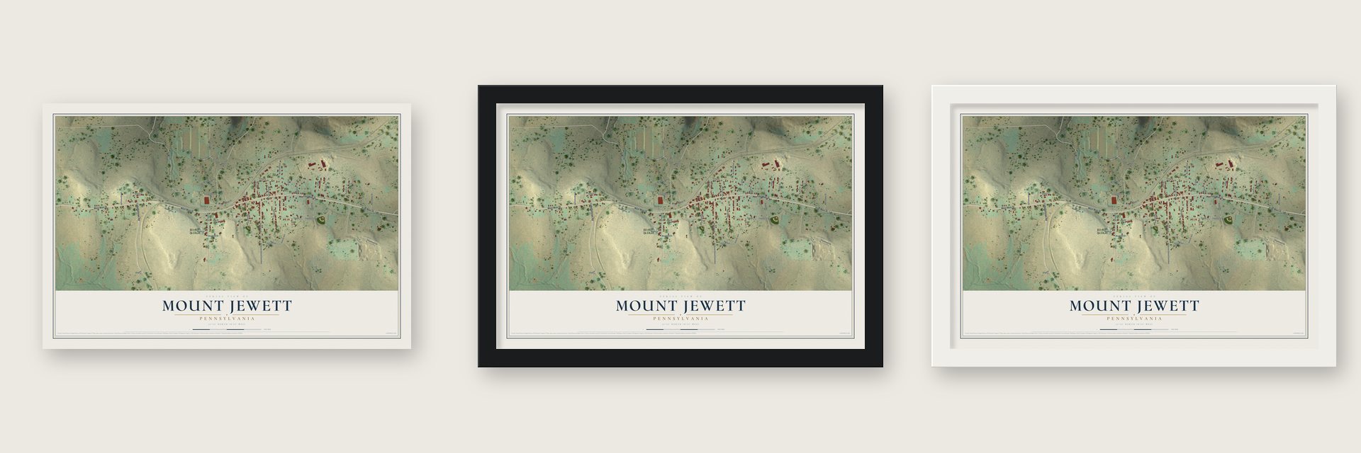 Mount Jewett, Pennsylvania map unframed, in a black wood frame and in a white wood frame