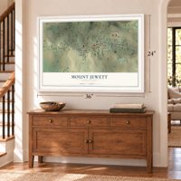 Mount Jewett, Pennsylvania map, 24 x 36 inch print in a white frame above a dresser by a staircase
