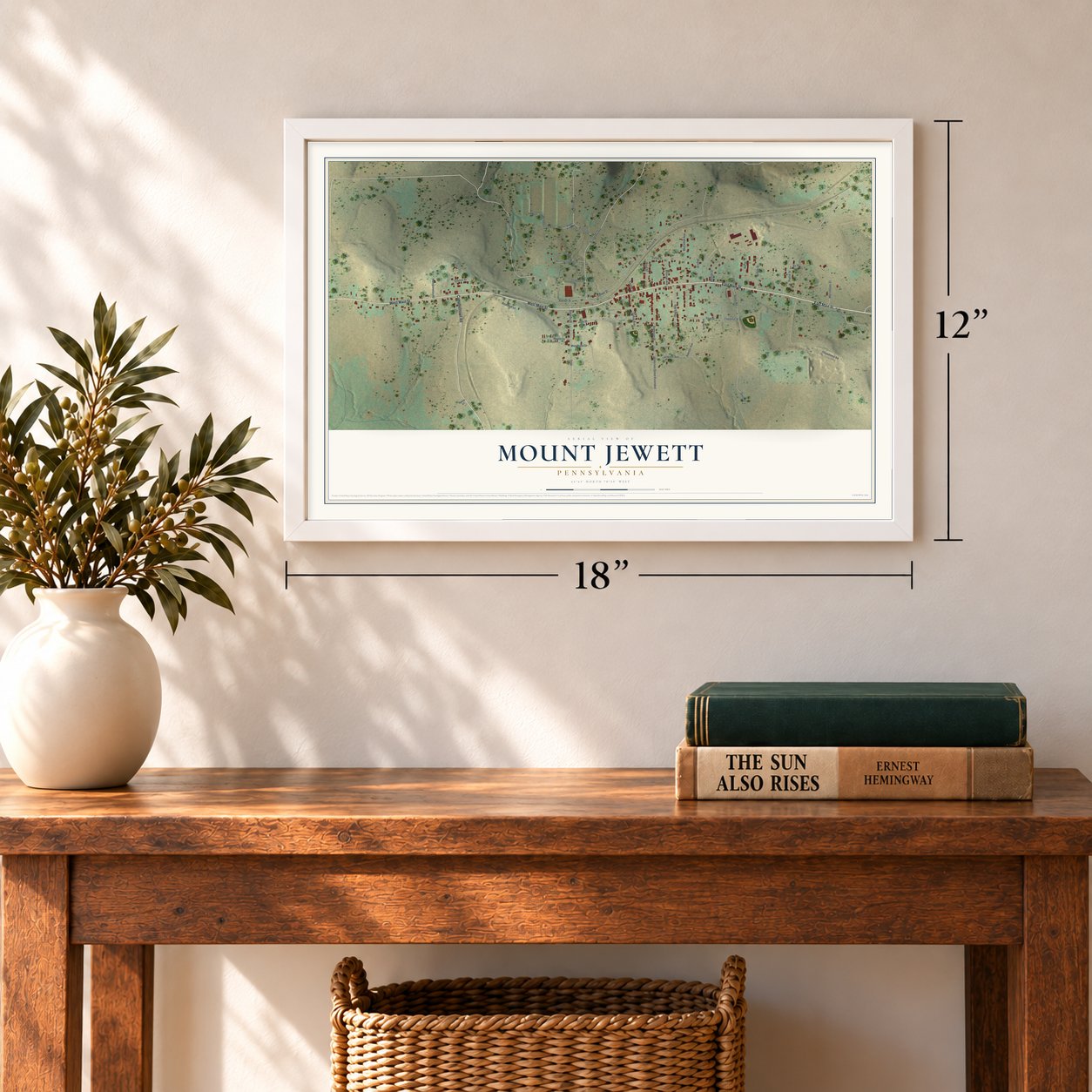 Mount Jewett, Pennsylvania map, 12 x 18 inch print in a white frame in an entryway