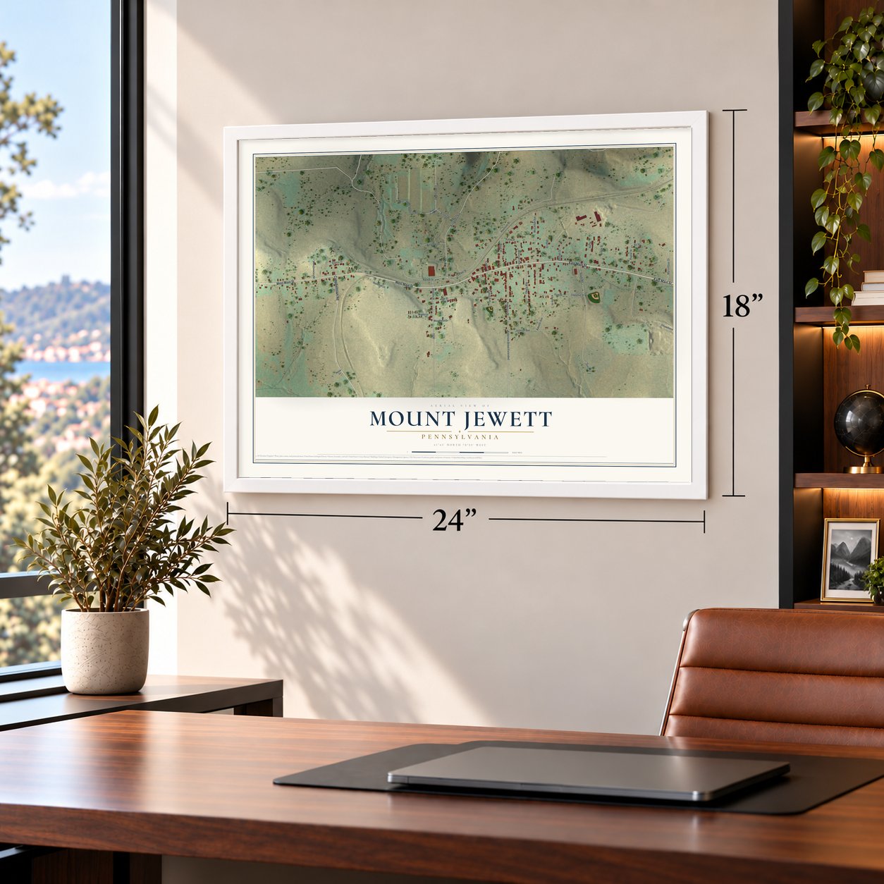 Mount Jewett, Pennsylvania map, 18 x 24 inch print in a white frame in a home office