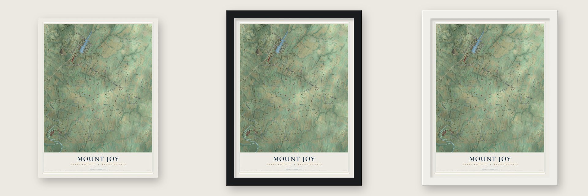 Mount Joy, Adams County, Pennsylvania map unframed, in a black wood frame and in a white wood frame