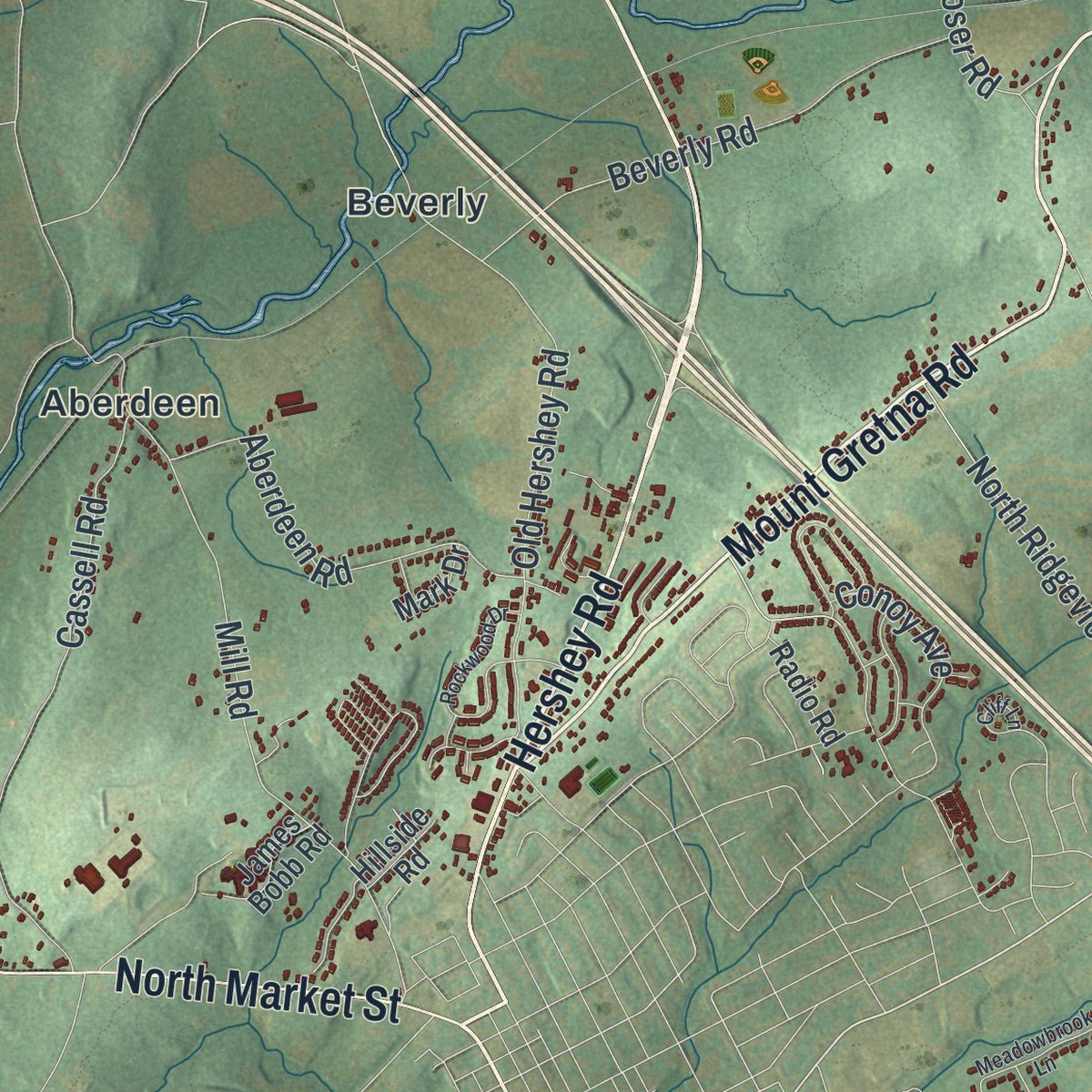 Second close-up of the map of Mount Joy, Lancaster County, Pennsylvania print showing more streets and buildings