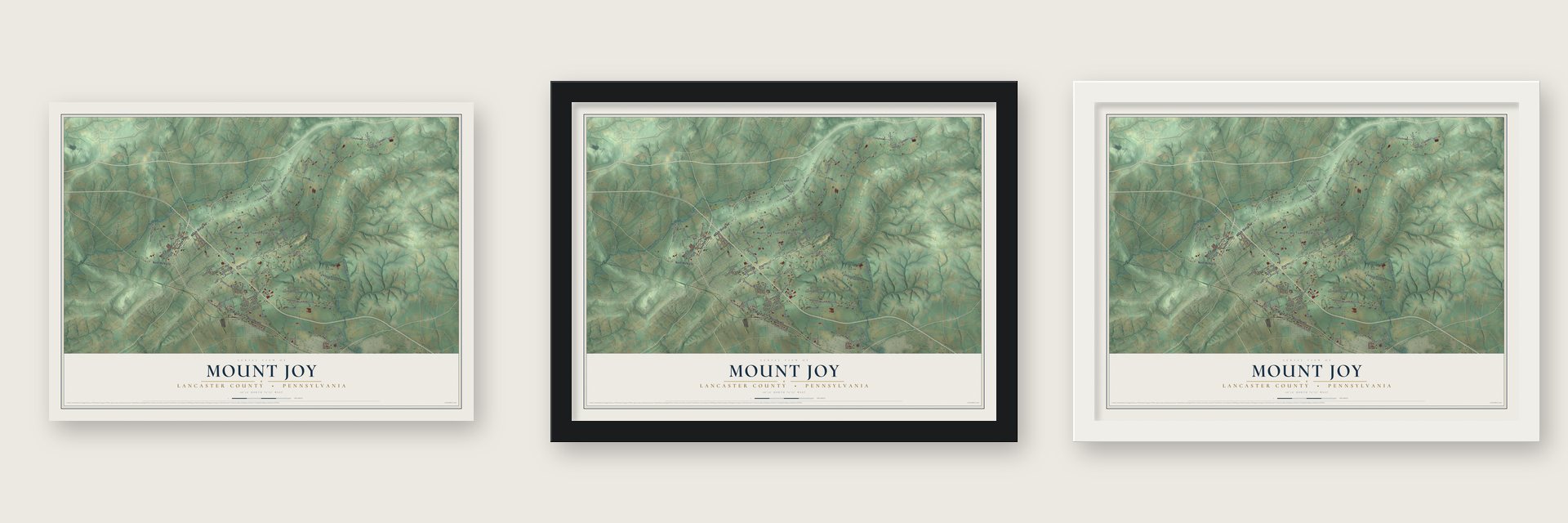 Mount Joy, Lancaster County, Pennsylvania map unframed, in a black wood frame and in a white wood frame