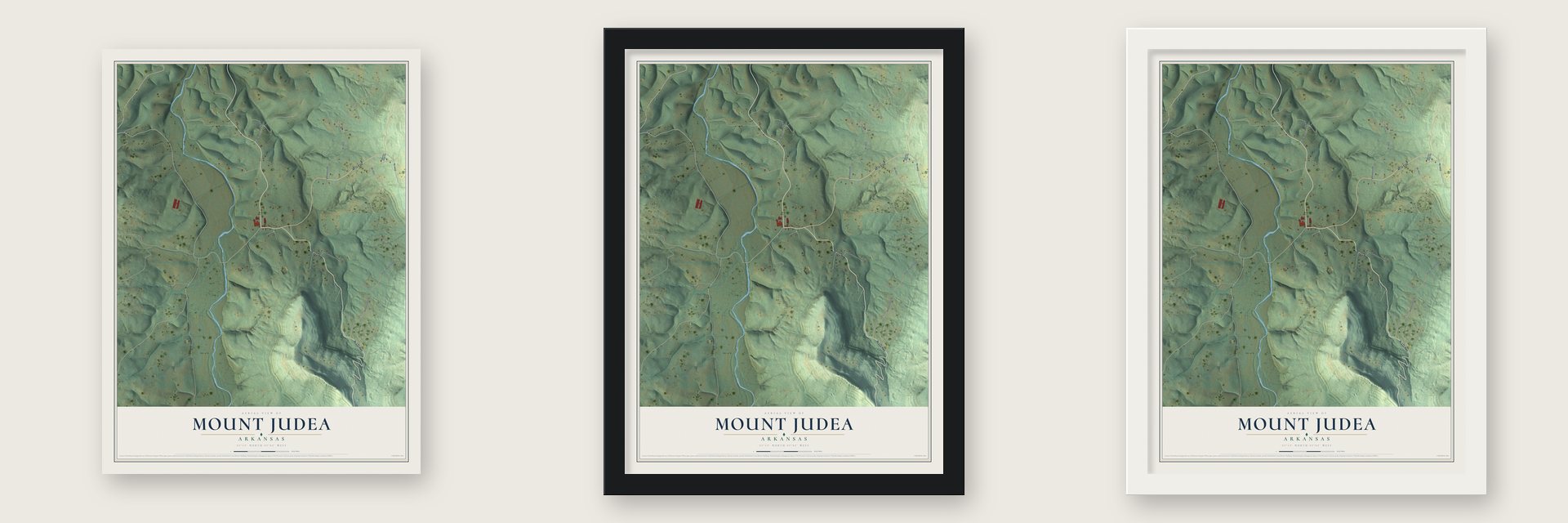Mount Judea, Arkansas map unframed, in a black wood frame and in a white wood frame