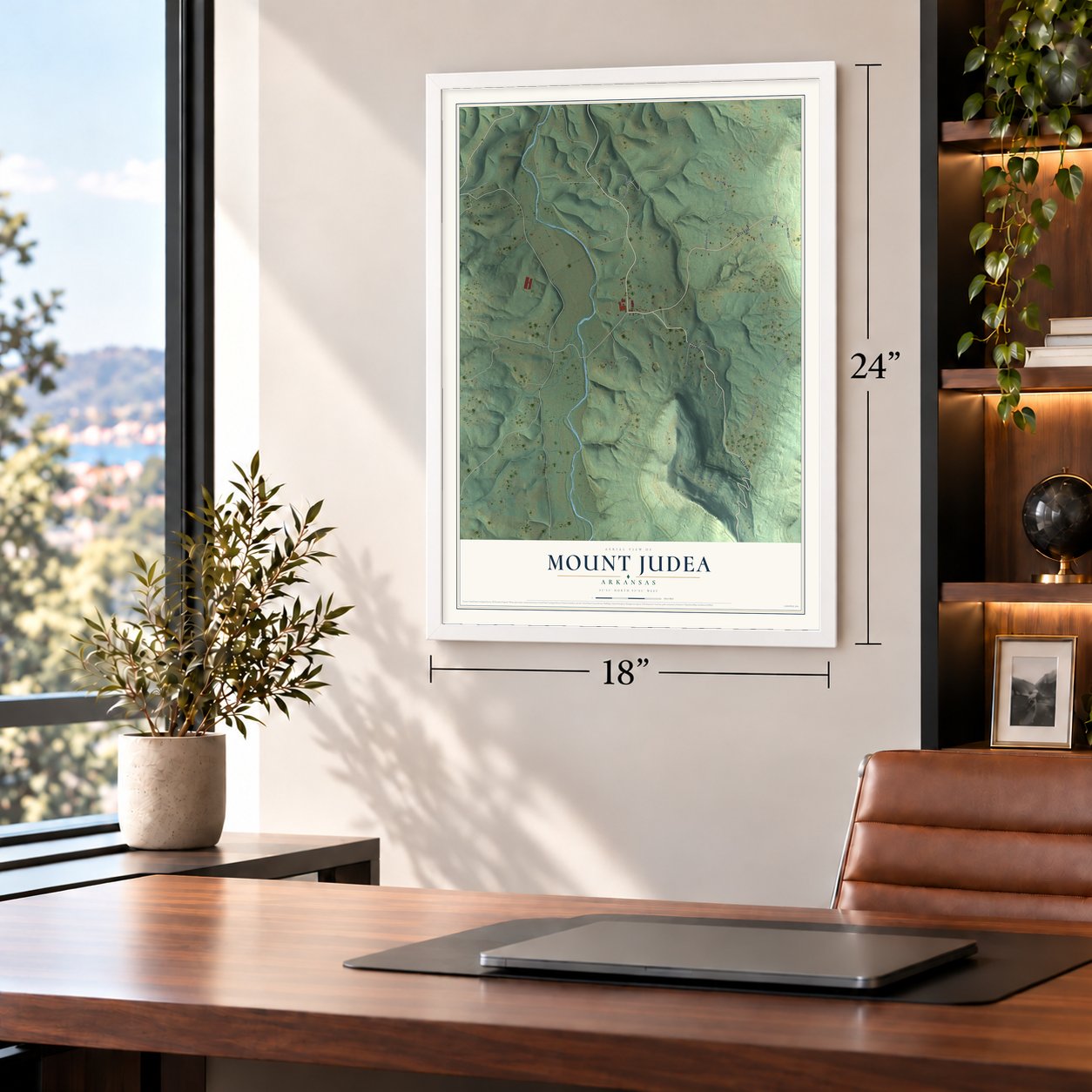 Mount Judea, Arkansas map, 18 x 24 inch print in a white frame in a home office