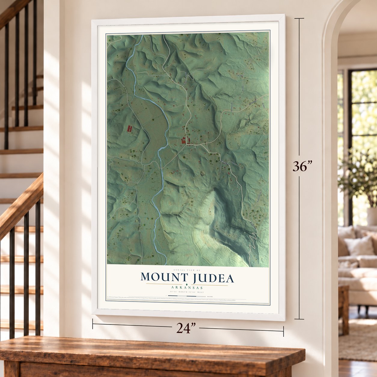 Mount Judea, Arkansas map, 24 x 36 inch print in a white frame by a staircase