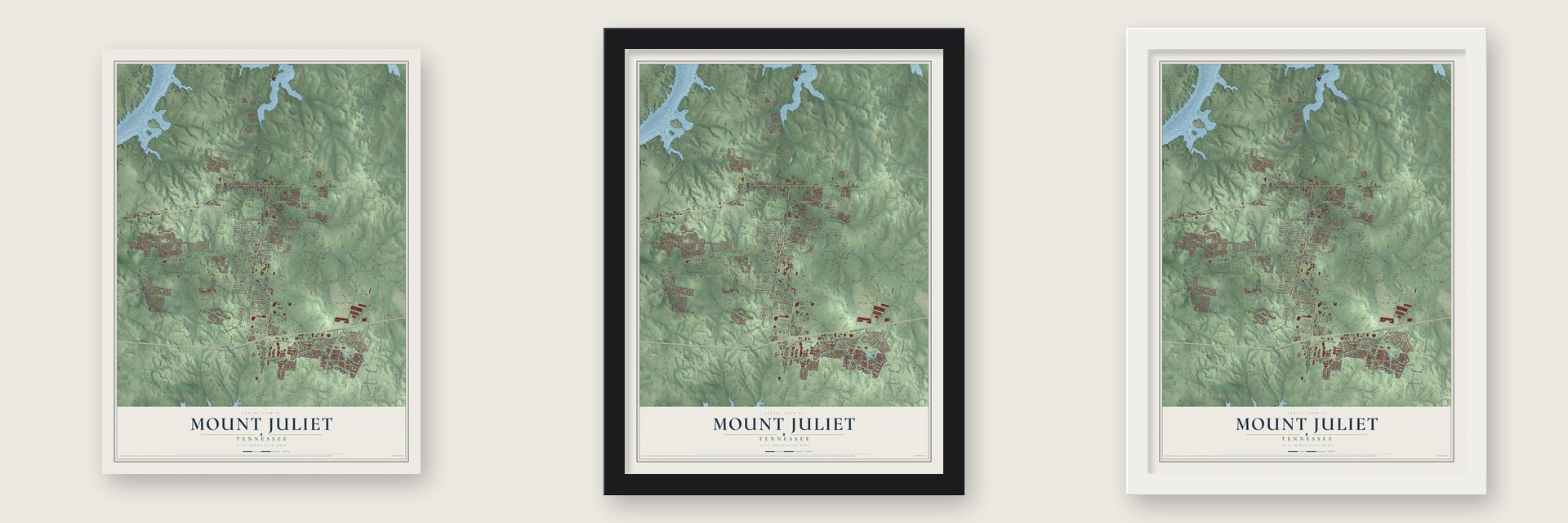 Mount Juliet, Tennessee map unframed, in a black wood frame and in a white wood frame