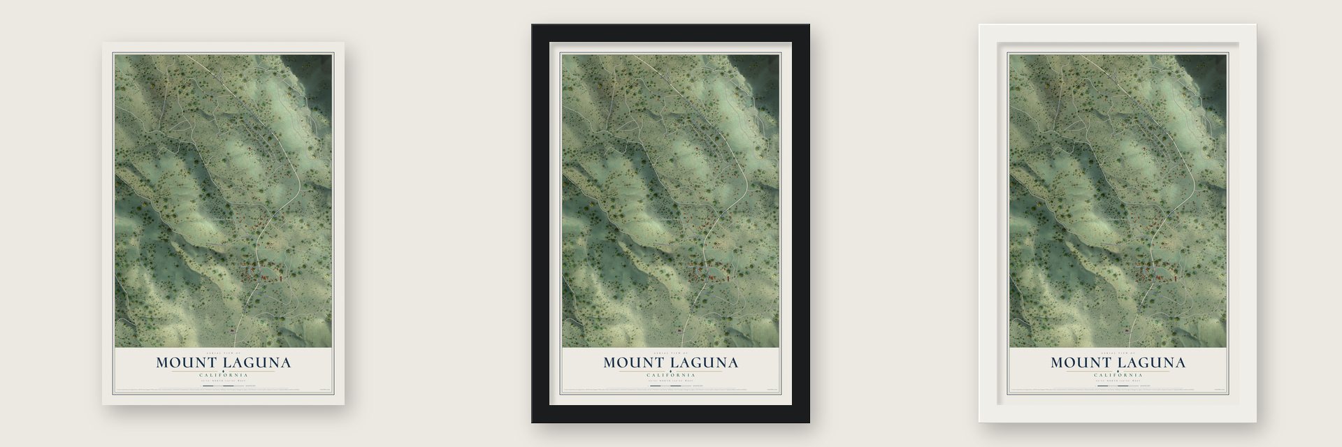 Mount Laguna, California map unframed, in a black wood frame and in a white wood frame
