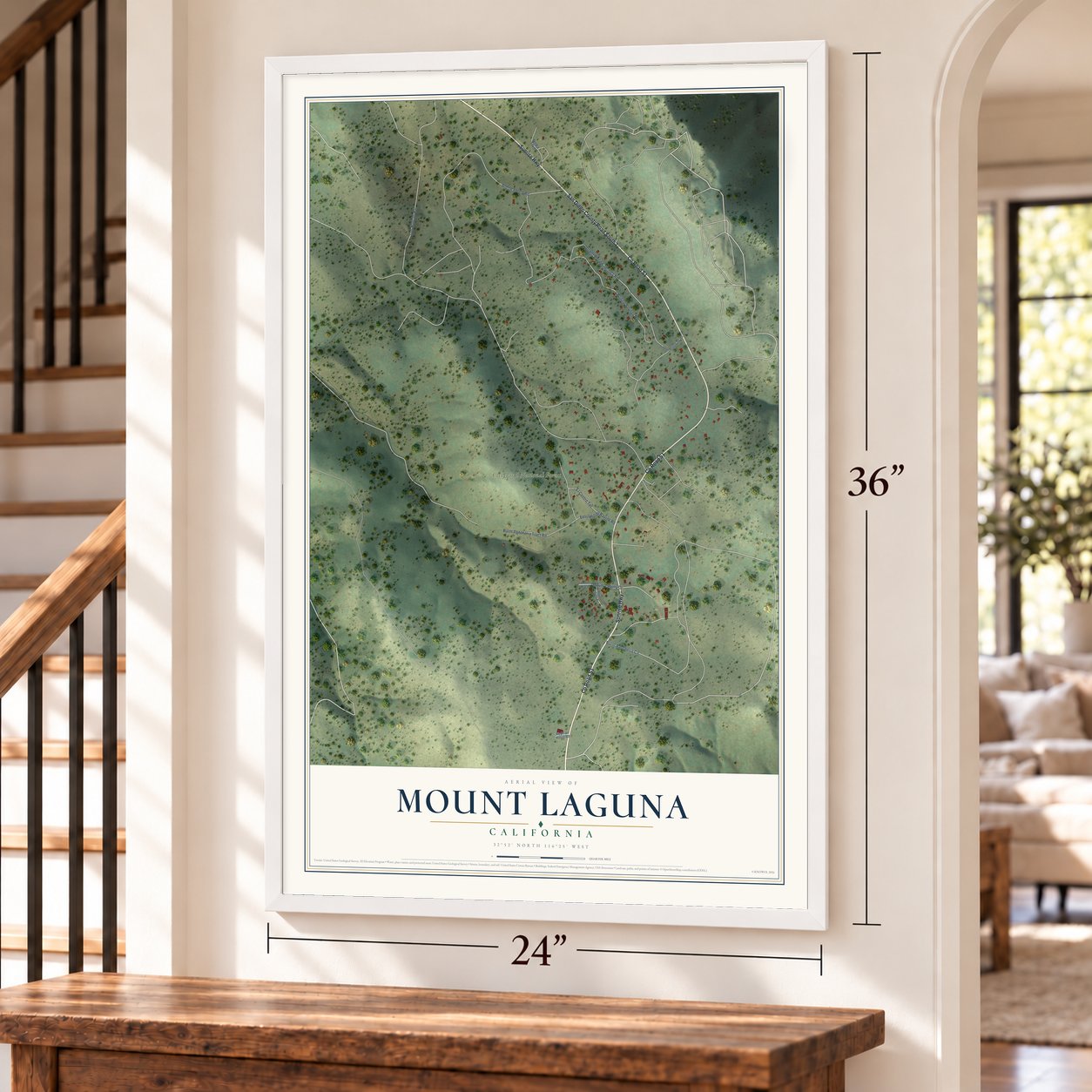Mount Laguna, California map, 24 x 36 inch print in a white frame by a staircase
