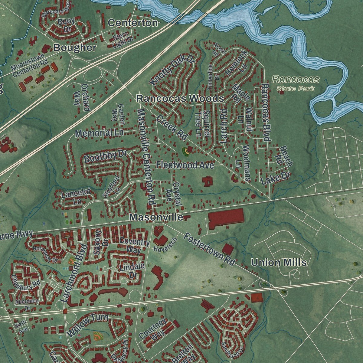 Second close-up of the map of Mount Laurel, New Jersey print showing more streets and buildings
