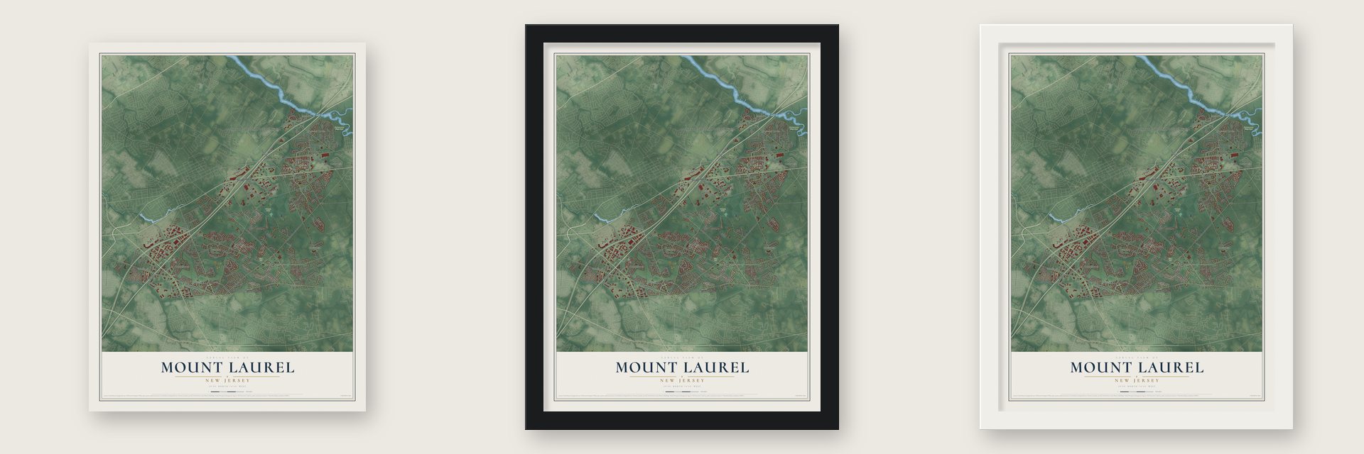 Mount Laurel, New Jersey map unframed, in a black wood frame and in a white wood frame