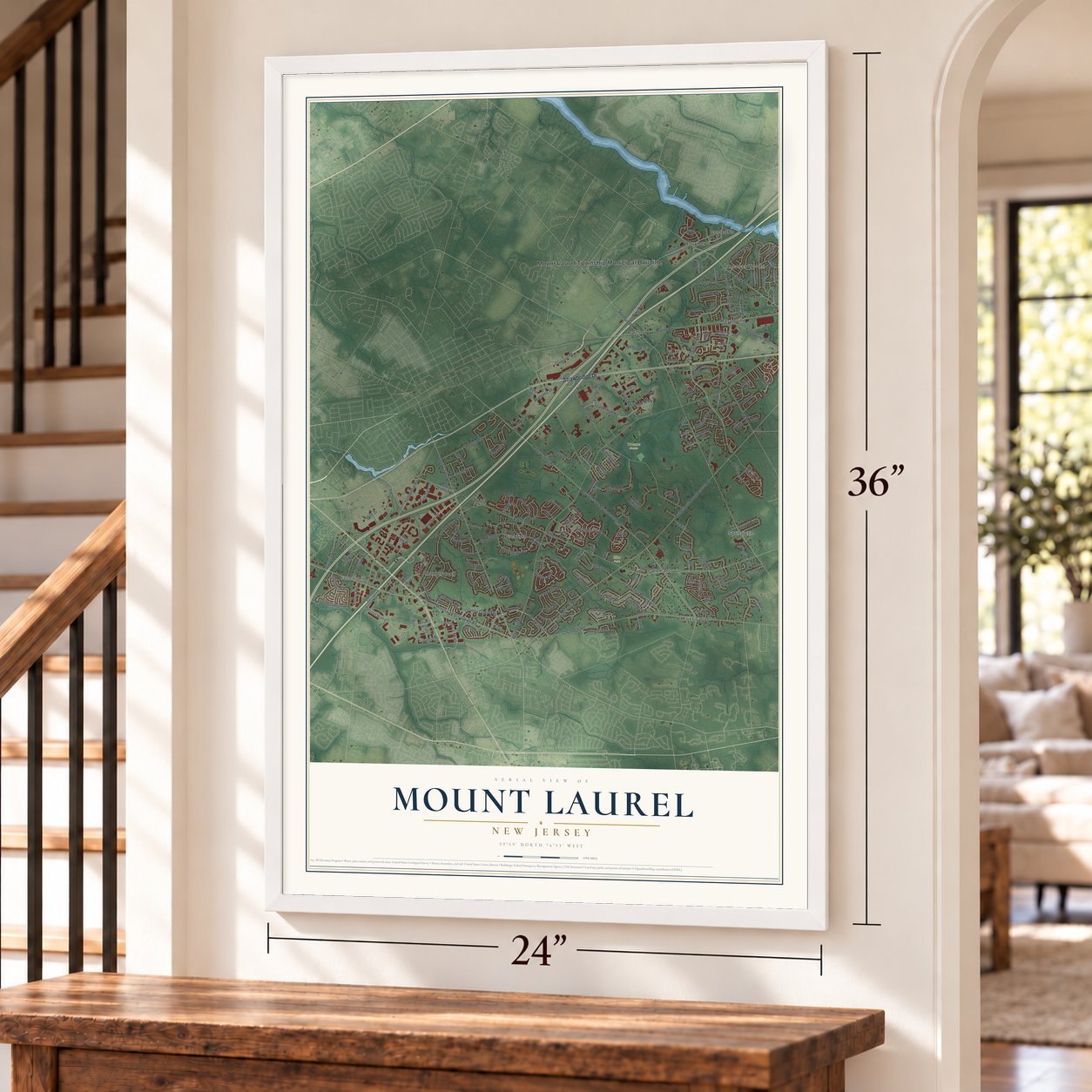 Mount Laurel, New Jersey map, 24 x 36 inch print in a white frame by a staircase