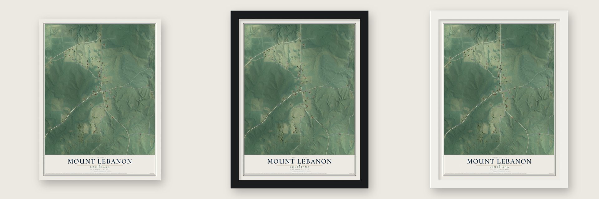 Mount Lebanon, Louisiana map unframed, in a black wood frame and in a white wood frame