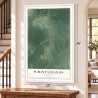 Mount Lebanon, Louisiana map, 24 x 36 inch print in a white frame by a staircase