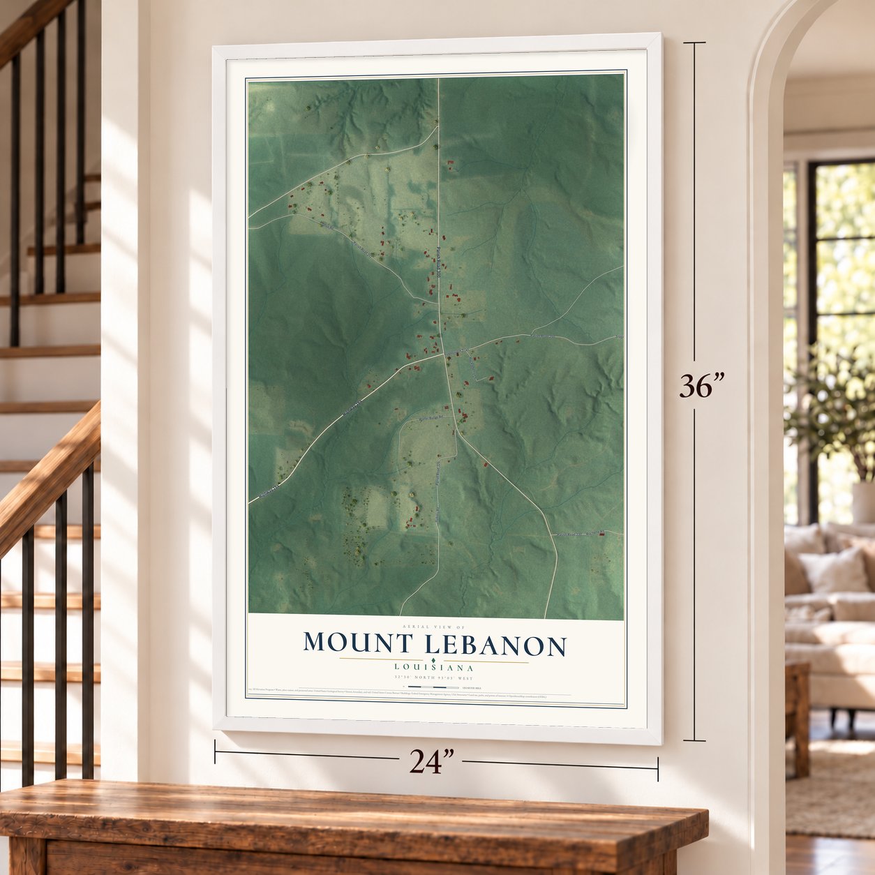 Mount Lebanon, Louisiana map, 24 x 36 inch print in a white frame by a staircase