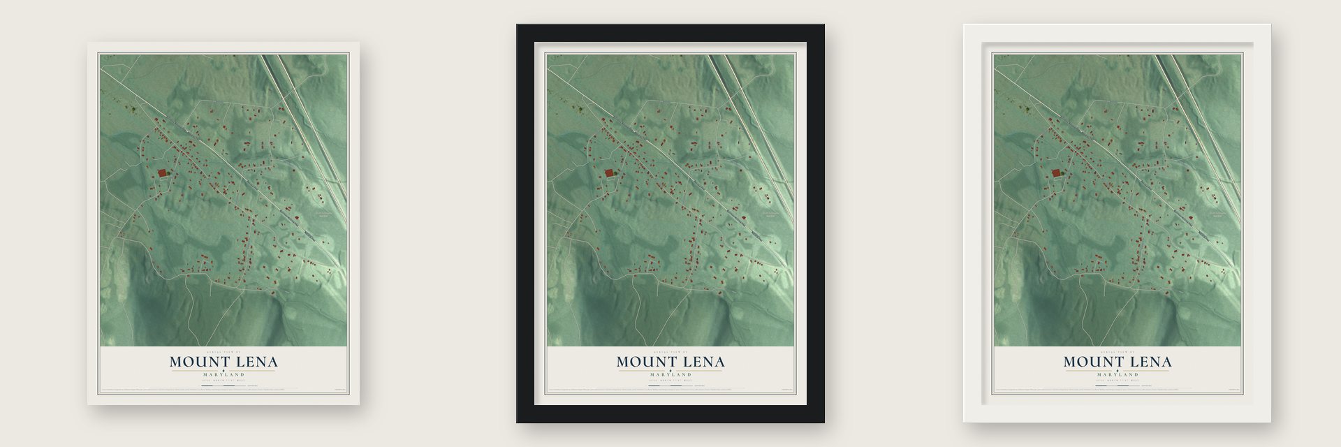 Mount Lena, Maryland map unframed, in a black wood frame and in a white wood frame