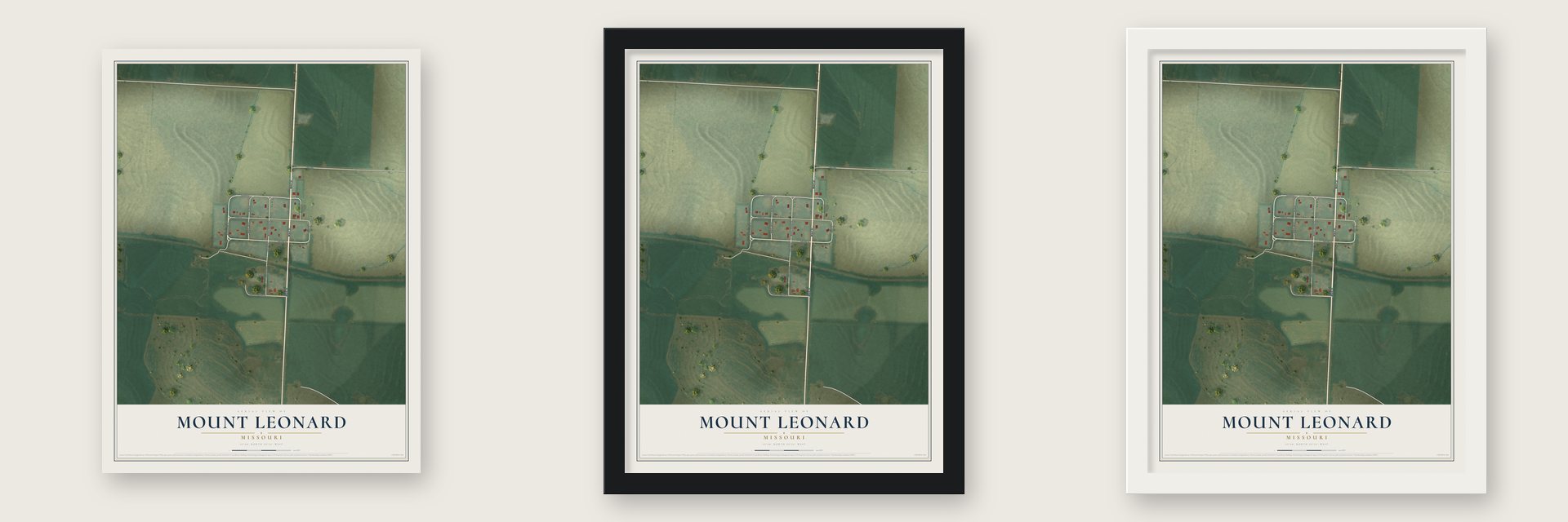 Mount Leonard, Missouri map unframed, in a black wood frame and in a white wood frame
