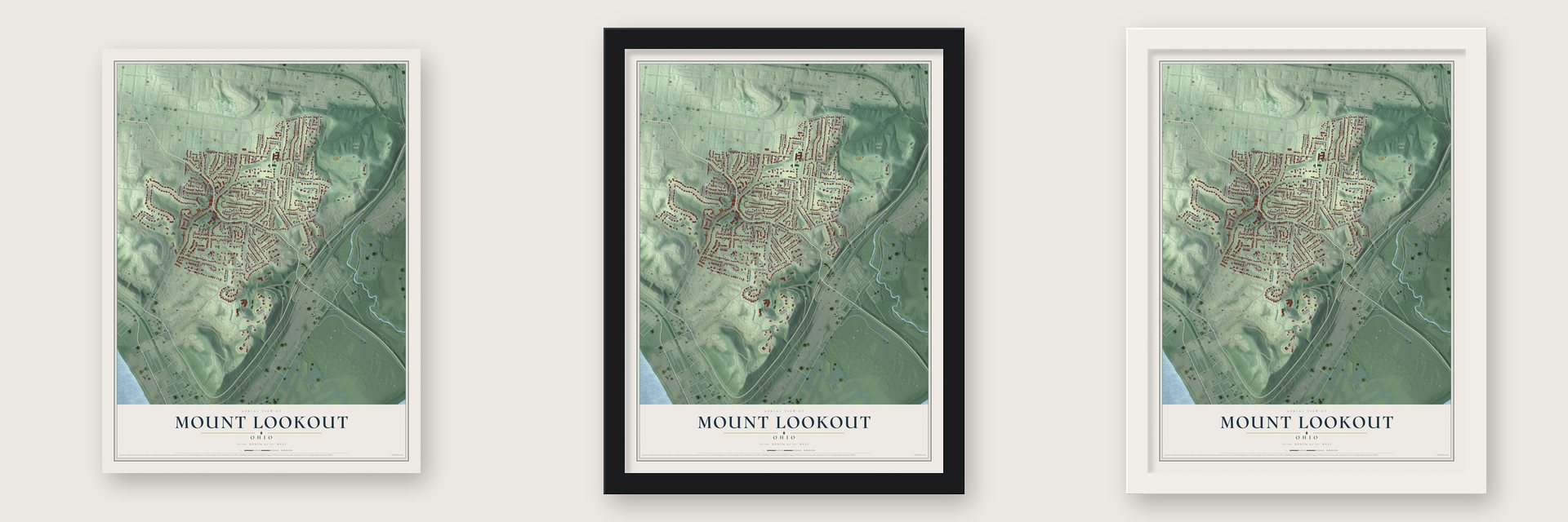 Mount Lookout, Ohio map unframed, in a black wood frame and in a white wood frame
