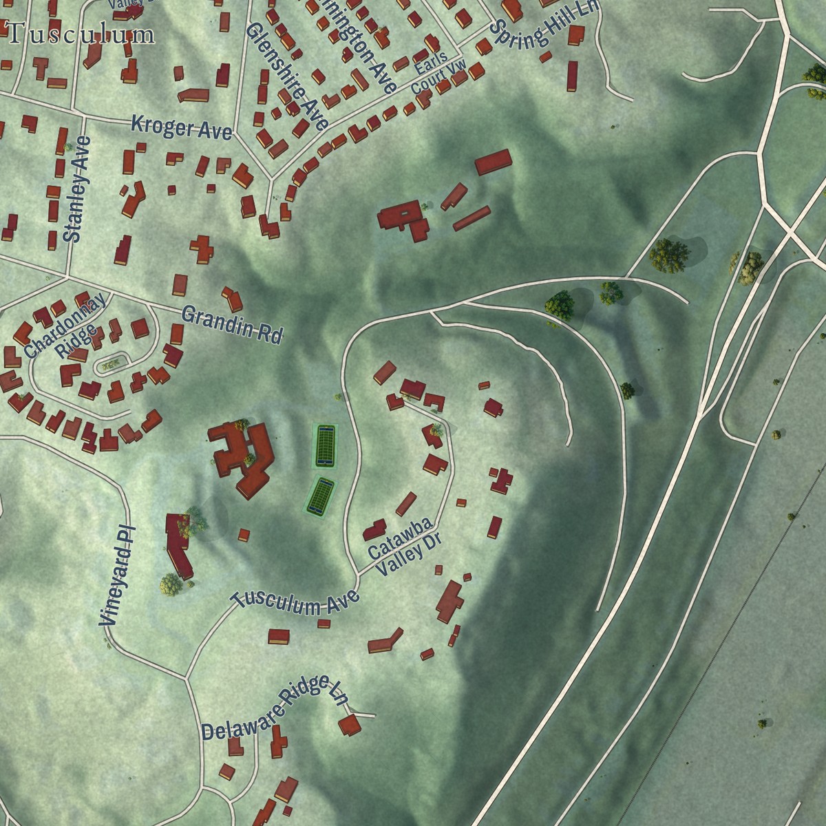 Second close-up of the map of Mount Lookout, Ohio print showing more streets and buildings