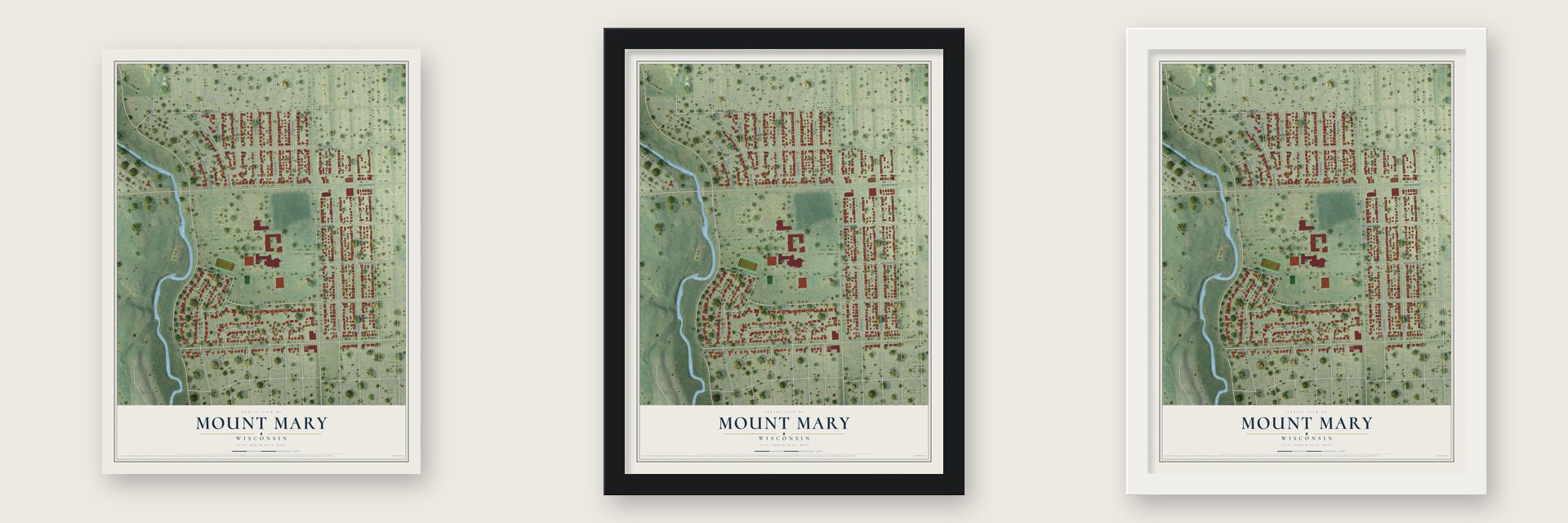 Mount Mary, Wisconsin map unframed, in a black wood frame and in a white wood frame