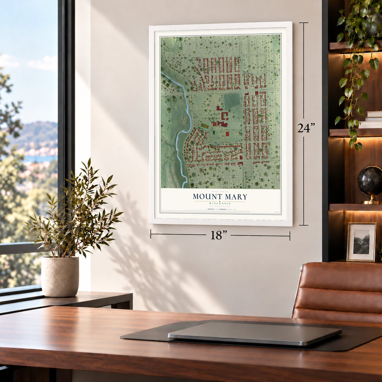 Mount Mary, Wisconsin map, 18 x 24 inch print in a white frame in a home office