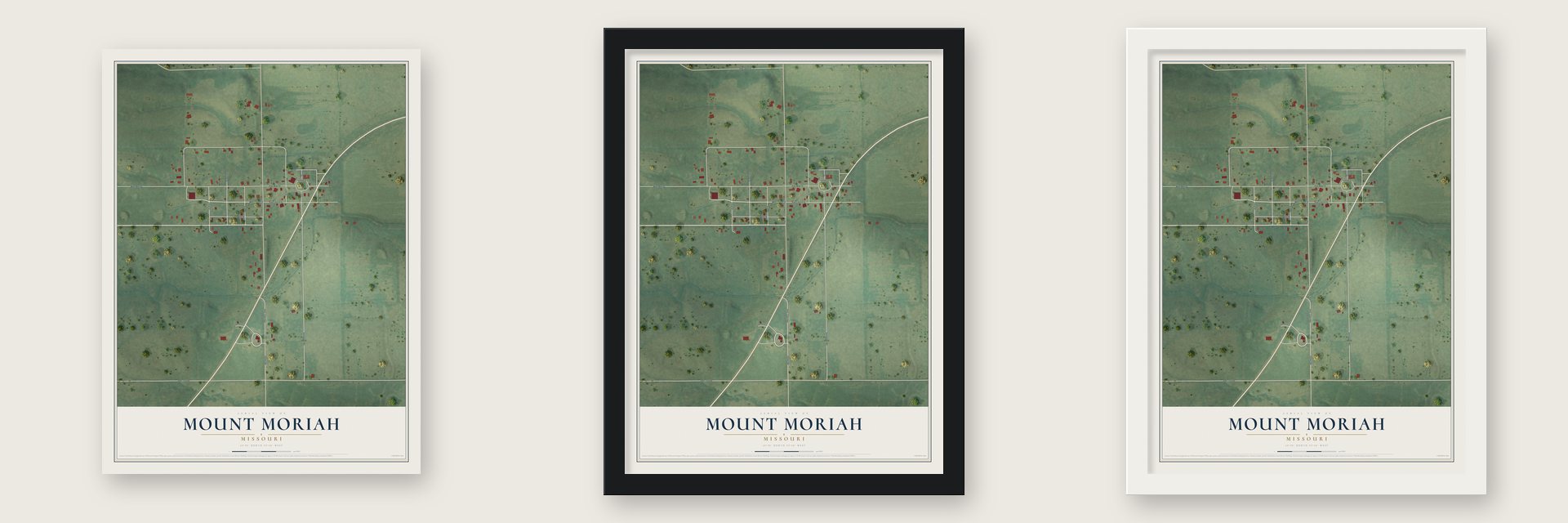Mount Moriah, Missouri map unframed, in a black wood frame and in a white wood frame