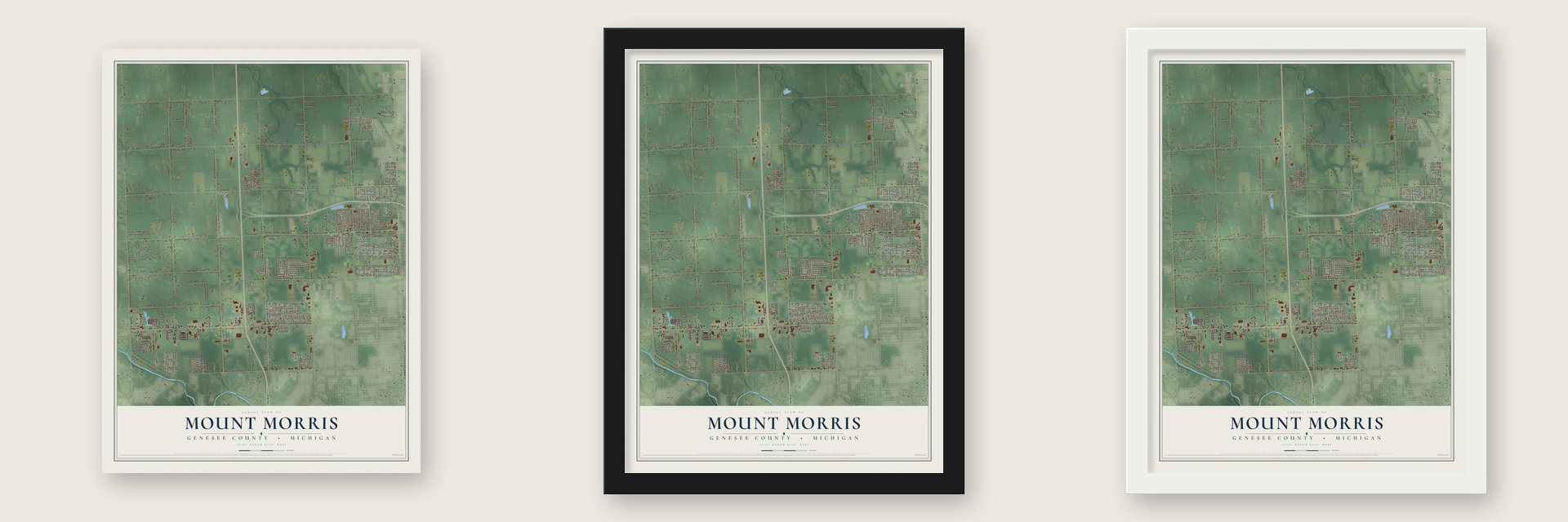 Mount Morris, Genesee County, Michigan map unframed, in a black wood frame and in a white wood frame