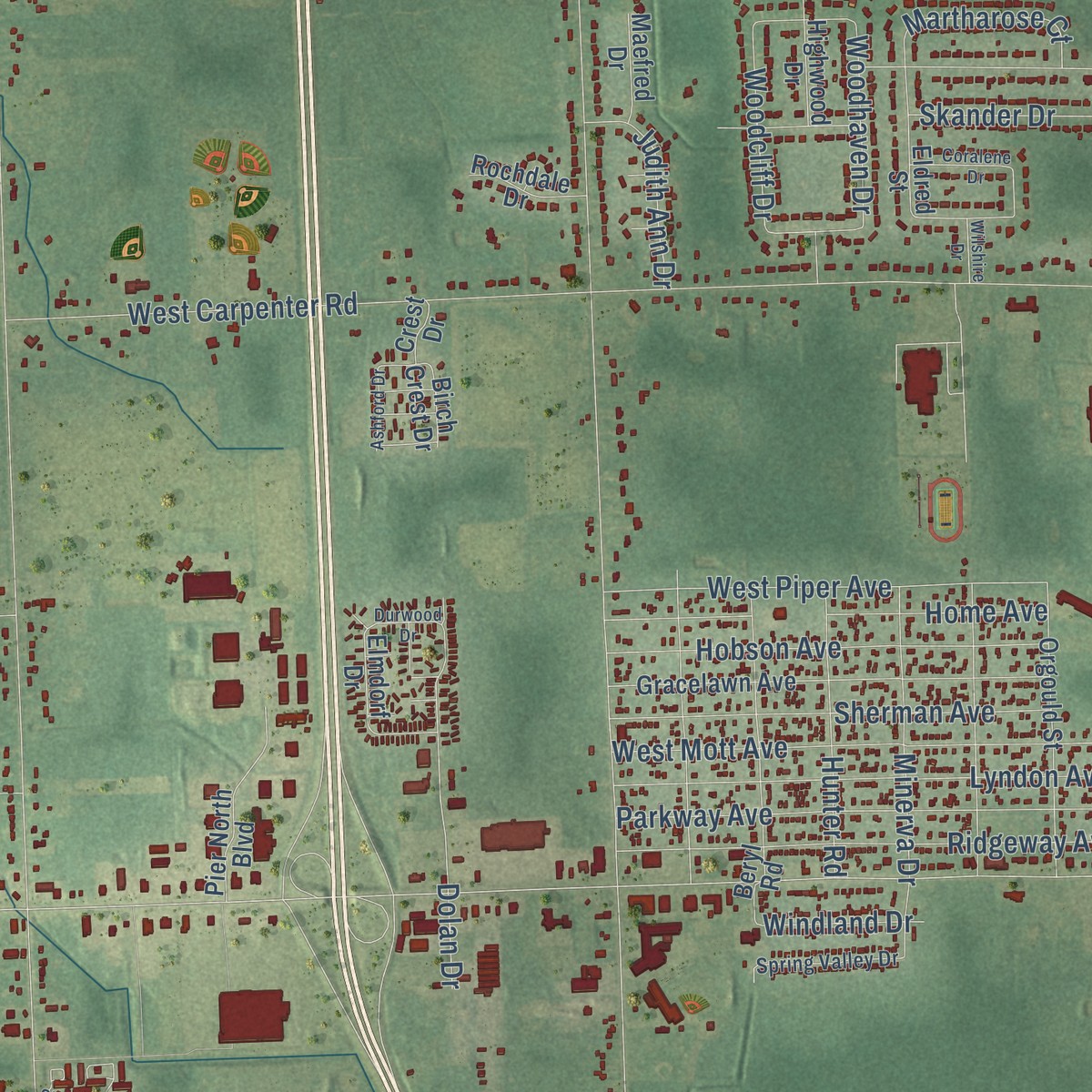 Second close-up of the map of Mount Morris, Genesee County, Michigan print showing more streets and buildings