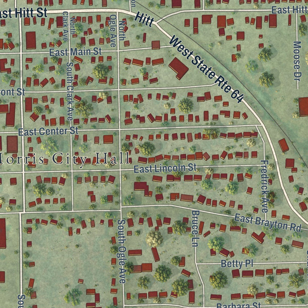 Second close-up of the map of Mount Morris, Illinois print showing more streets and buildings