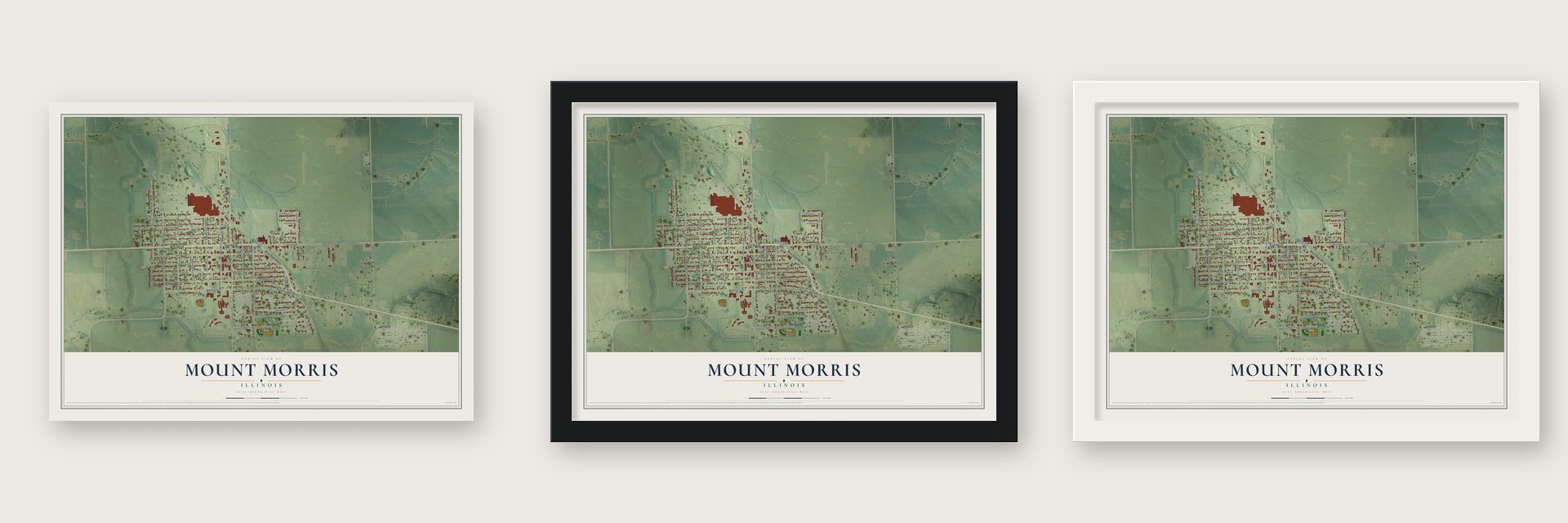 Mount Morris, Illinois map unframed, in a black wood frame and in a white wood frame