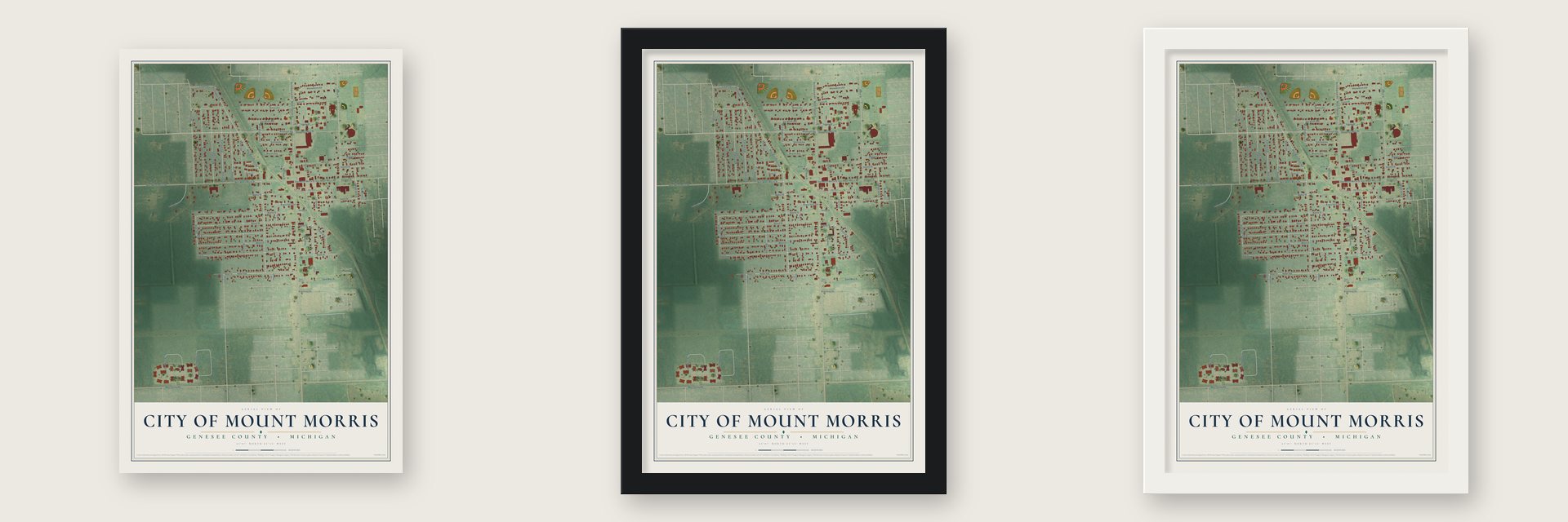Mount Morris, Michigan map unframed, in a black wood frame and in a white wood frame