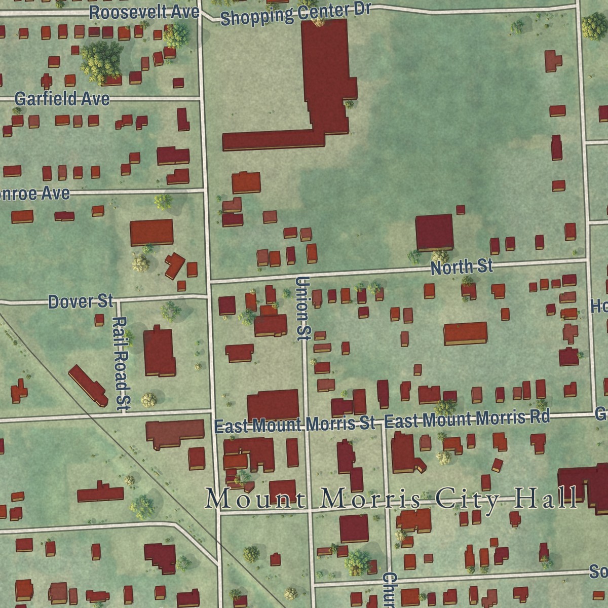 Second close-up of the map of Mount Morris, Michigan print showing more streets and buildings