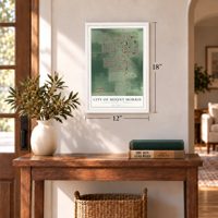 Mount Morris, Michigan map, 12 x 18 inch print in a white frame in an entryway