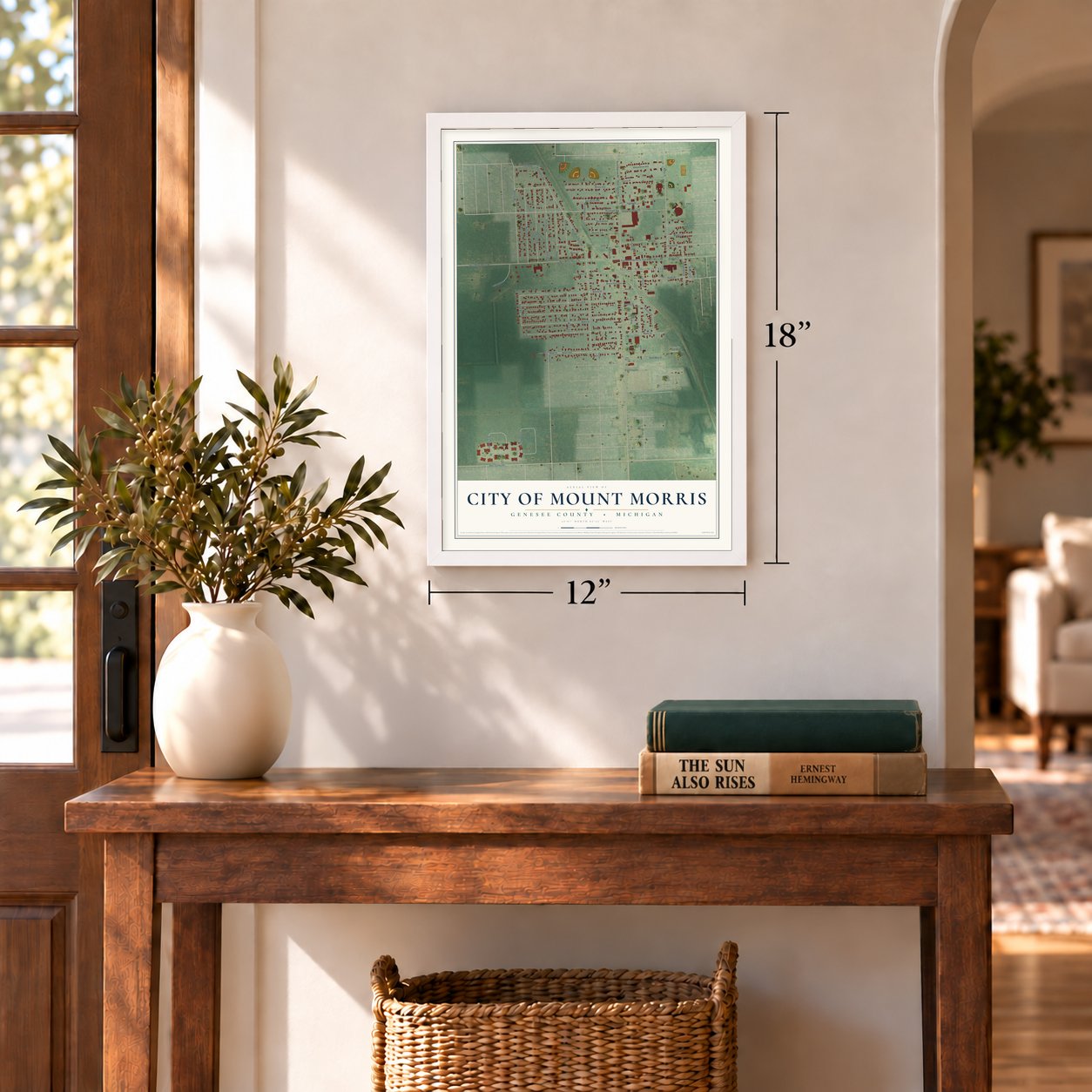 Mount Morris, Michigan map, 12 x 18 inch print in a white frame in an entryway