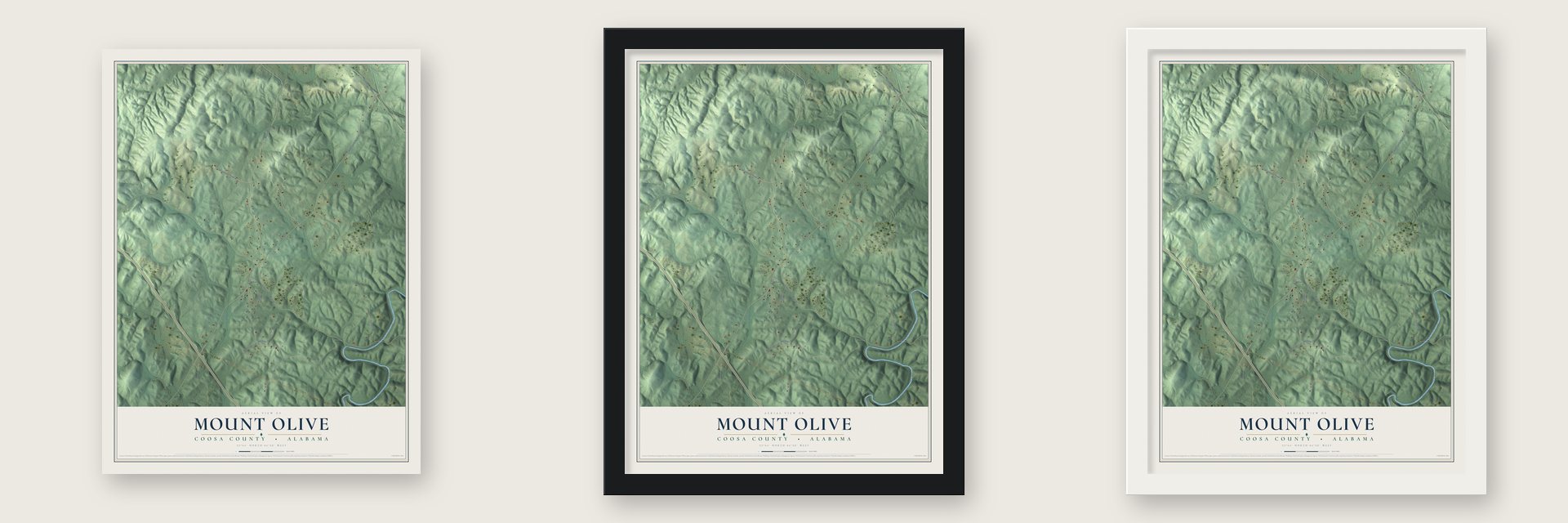 Mount Olive, Alabama map unframed, in a black wood frame and in a white wood frame