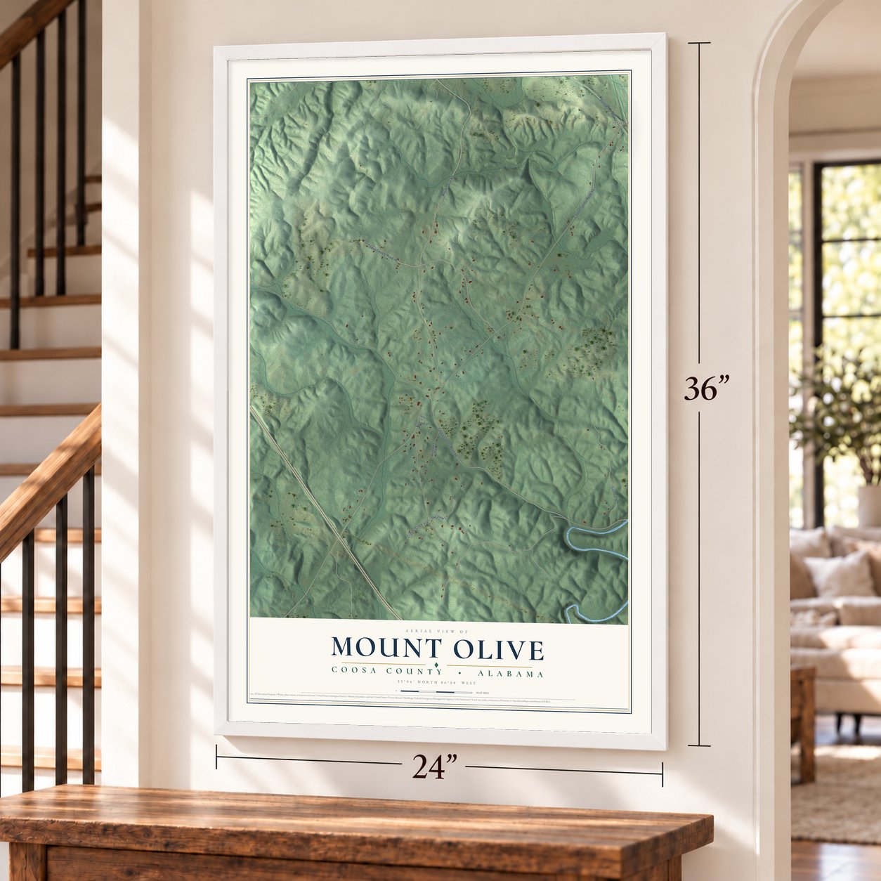 Mount Olive, Alabama map, 24 x 36 inch print in a white frame by a staircase