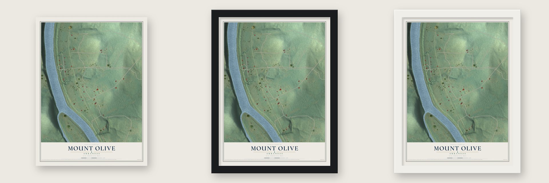 Mount Olive, Arkansas map unframed, in a black wood frame and in a white wood frame