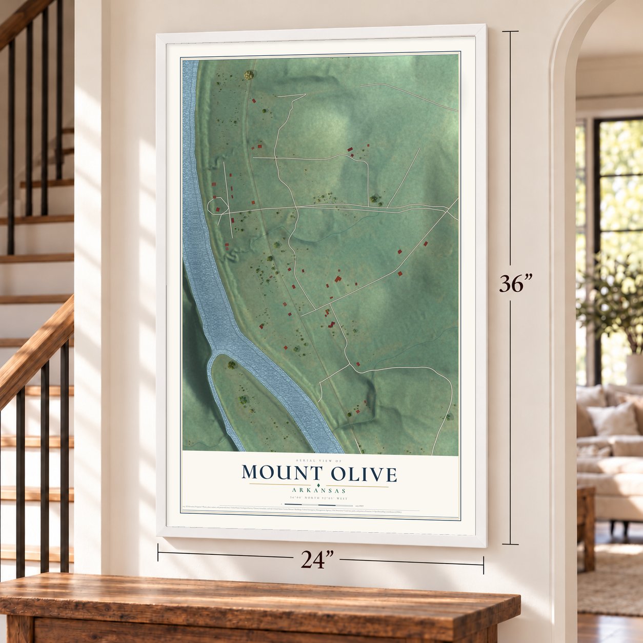 Mount Olive, Arkansas map, 24 x 36 inch print in a white frame by a staircase