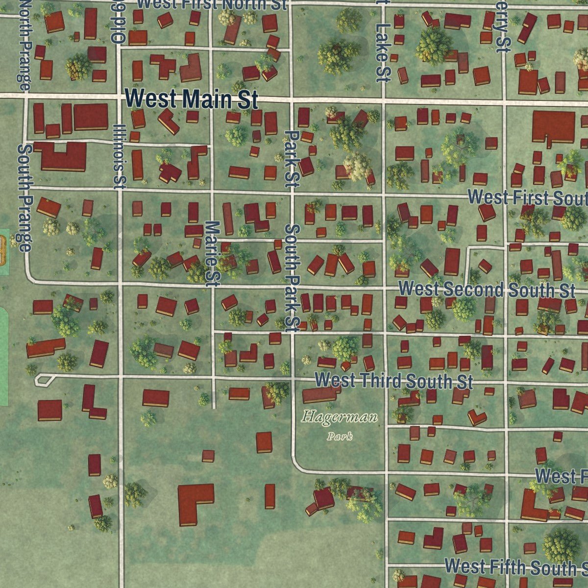 Second close-up of the map of Mount Olive, Illinois print showing more streets and buildings