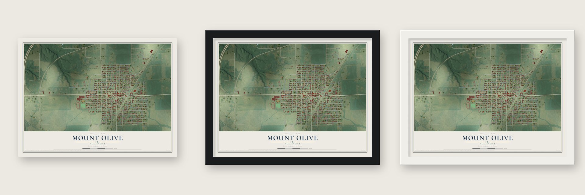 Mount Olive, Illinois map unframed, in a black wood frame and in a white wood frame