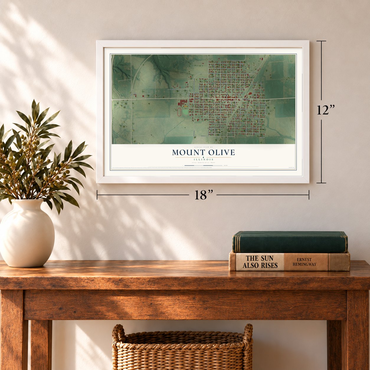 Mount Olive, Illinois map, 12 x 18 inch print in a white frame in an entryway